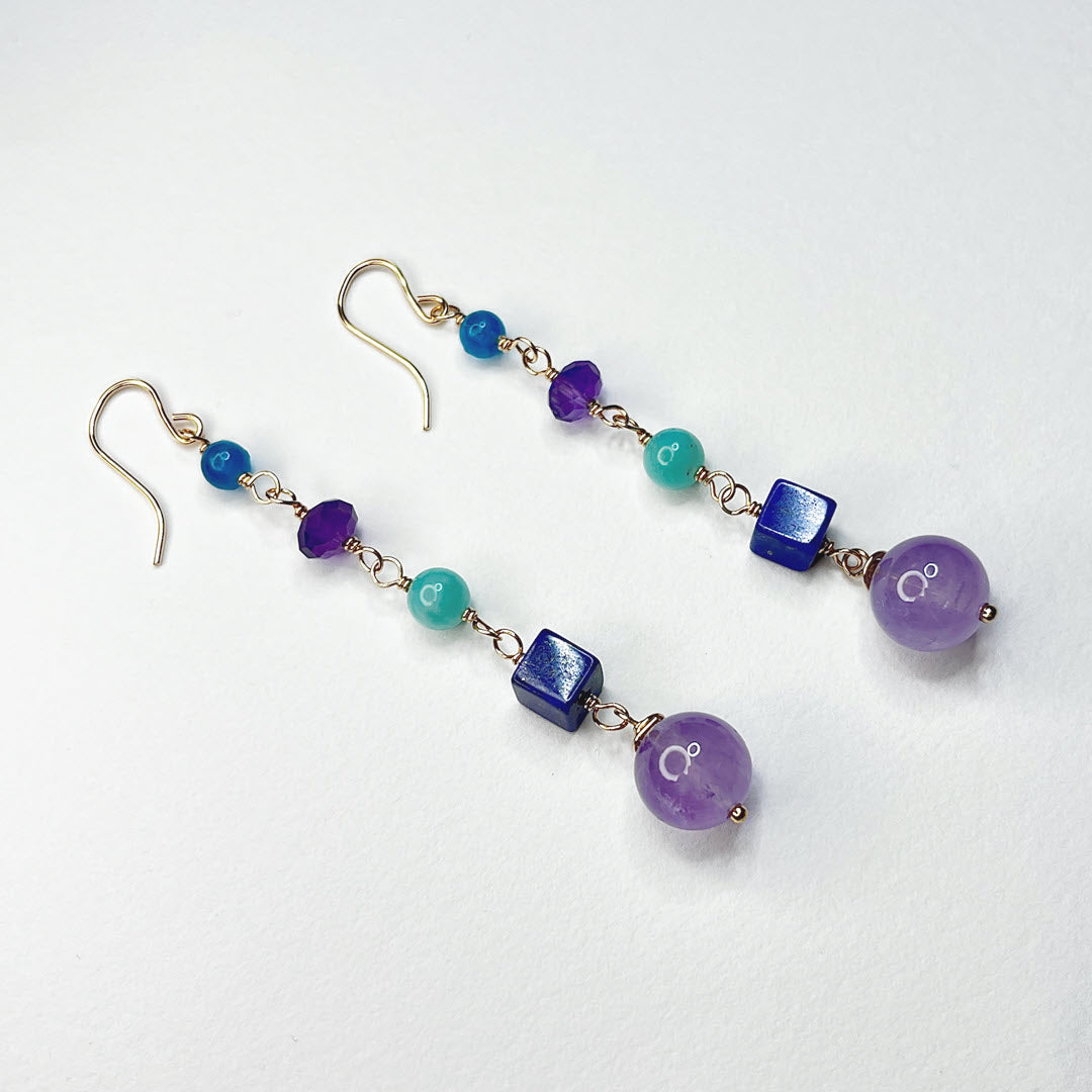 Multicolor 5-Stone Long Dangle Earrings, 14K Gold Fill