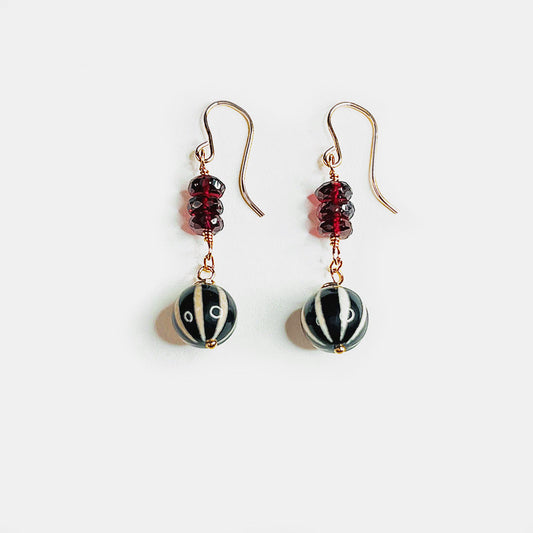 Red Garnet and Striped Agate Dangle Earrings, 14K Gold Fill