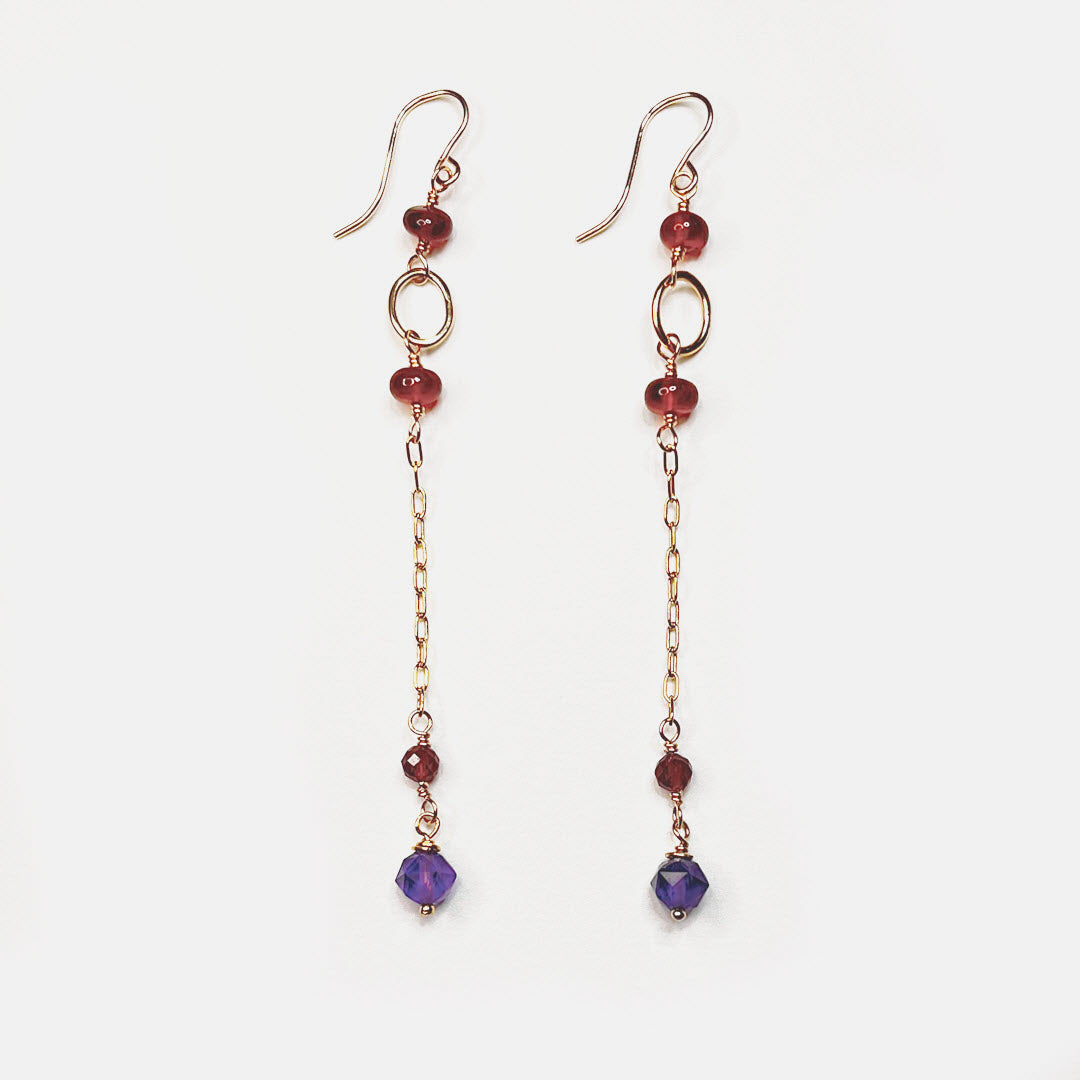 Hessonite Garnet and Amethyst Long Dangle Earrings, 14K Gold Fill