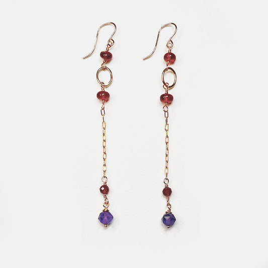 Hessonite Garnet and Amethyst Long Dangle Earrings, 14K Gold Fill