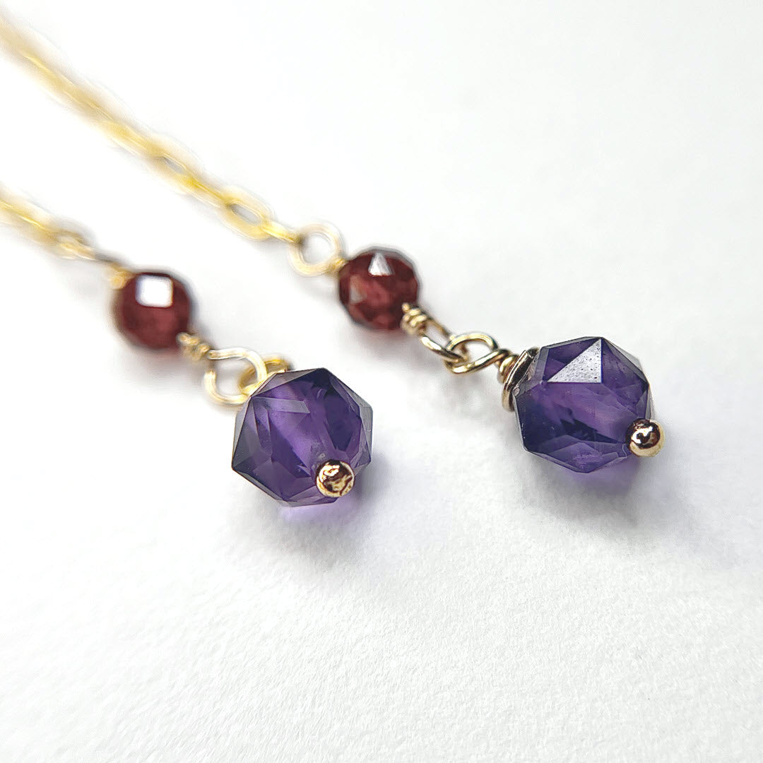 Hessonite Garnet and Amethyst Long Dangle Earrings, 14K Gold Fill
