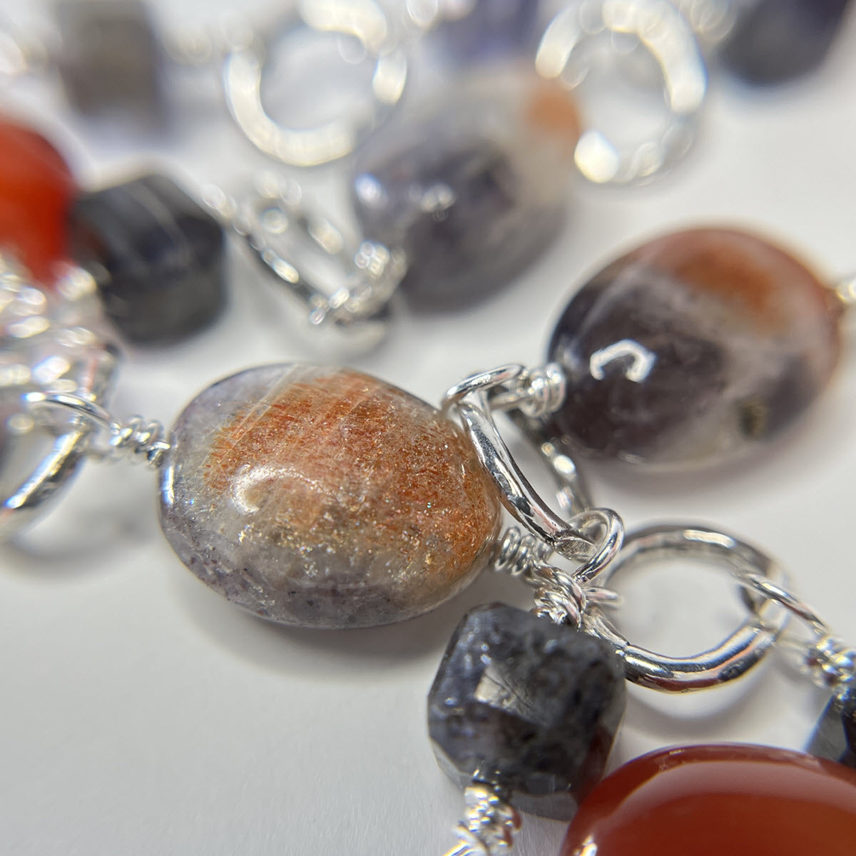 Iolite, Carnelian, and Iolite-Sunstone Link Necklace, Sterling