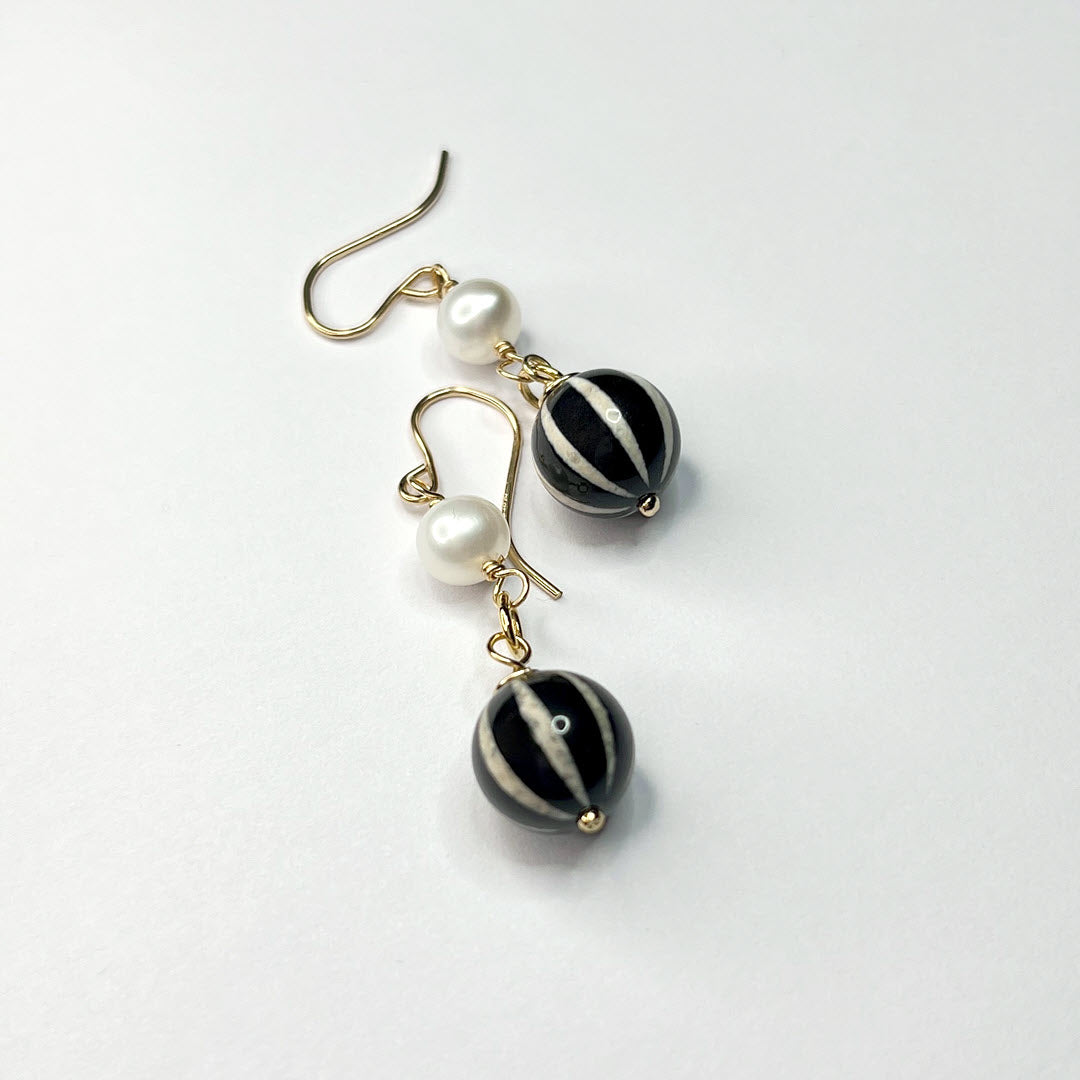 Pearl and Striped "Dzi" Agate Dangle Earrings, 14K Gold Fill