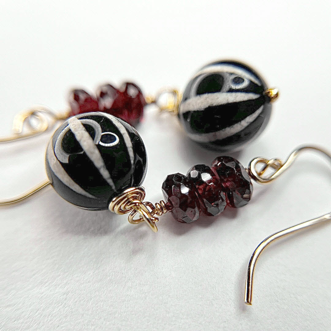 Red Garnet and Striped Agate Dangle Earrings, 14K Gold Fill