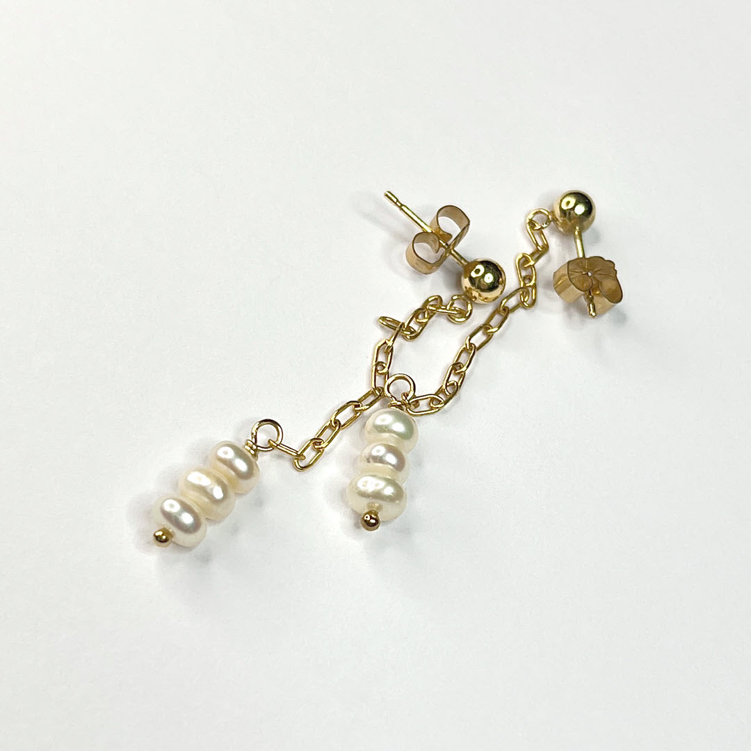 Freshwater Pearl Trio Long Chain Dangle Earrings on Post, 14K Gold Fill