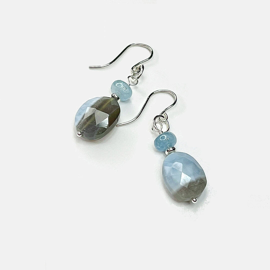 Banded Blue Opal Oval Drop Earrings, Sterling