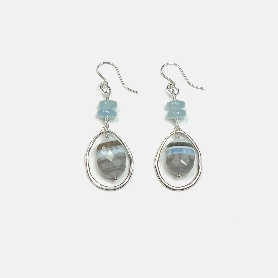Banded Blue Opal Teardrop Frame Earrings, Sterling