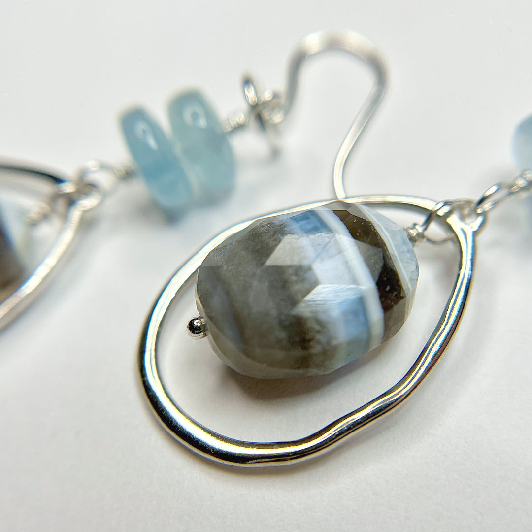 Banded Blue Opal Teardrop Frame Earrings, Sterling