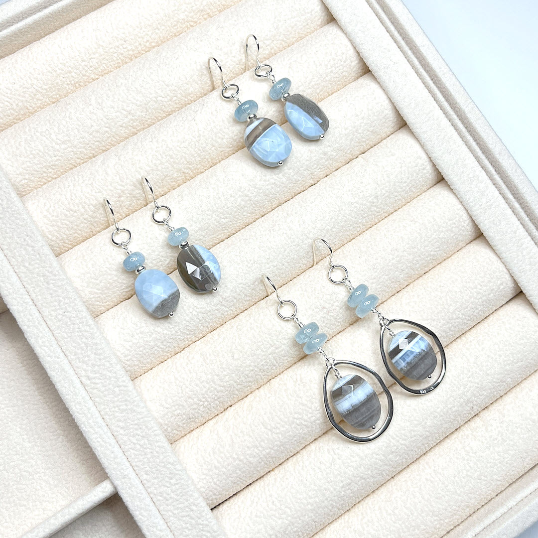 Banded Blue Opal Teardrop Frame Earrings, Sterling