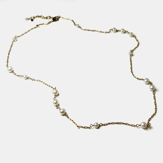 Freshwater Pearl Asymmetrical Station Necklace, 14K Gold Fill