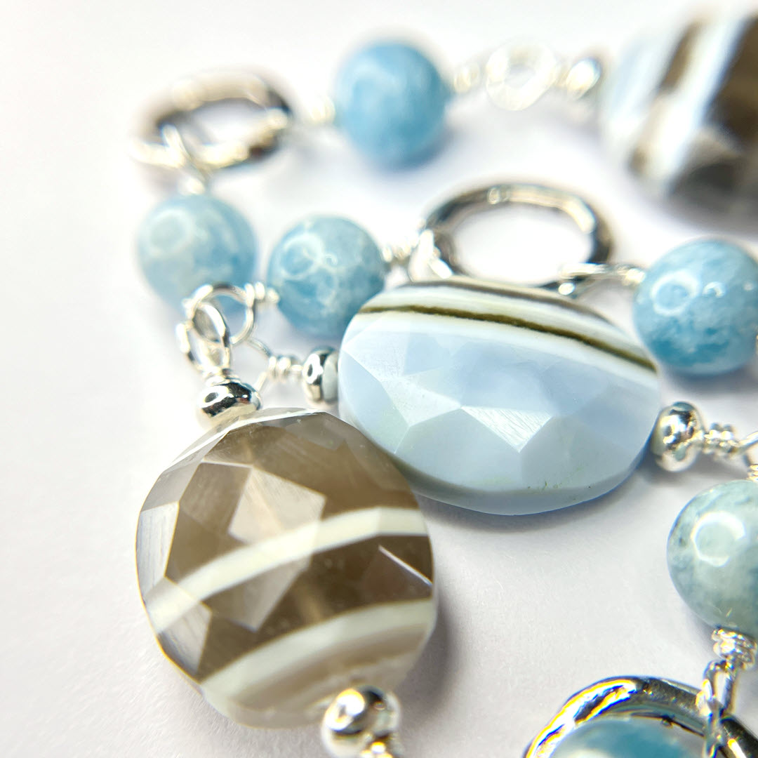 Banded Blue Opal and Aquamarine Link Necklace, Sterling
