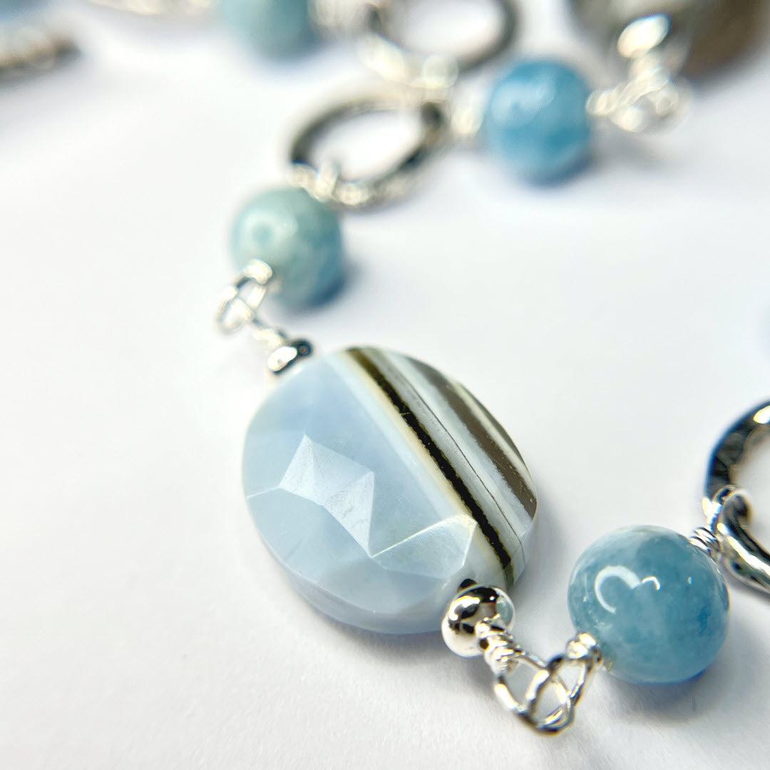 Banded Blue Opal and Aquamarine Link Necklace, Sterling