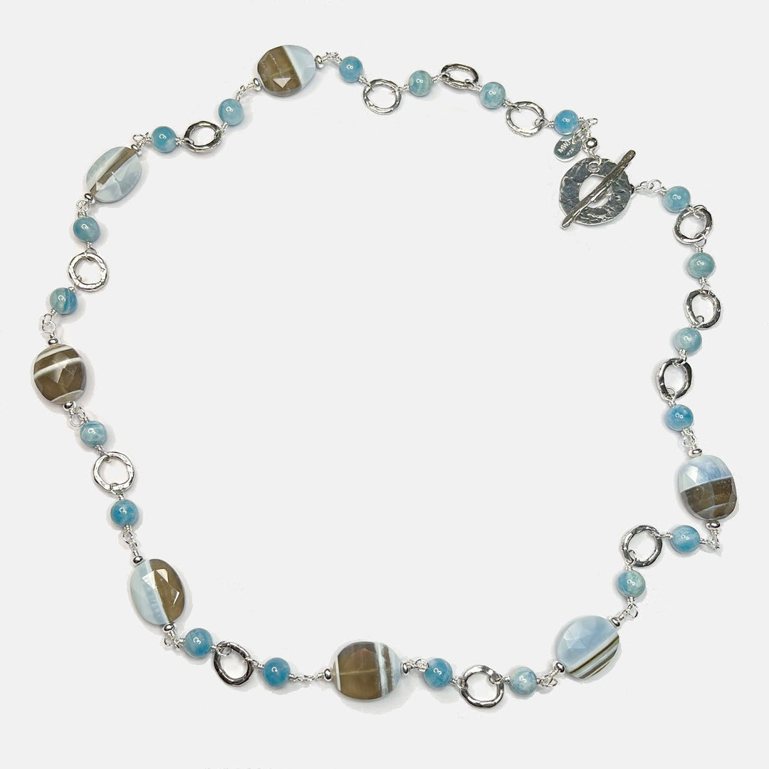 Banded Blue Opal and Aquamarine Link Necklace, Sterling