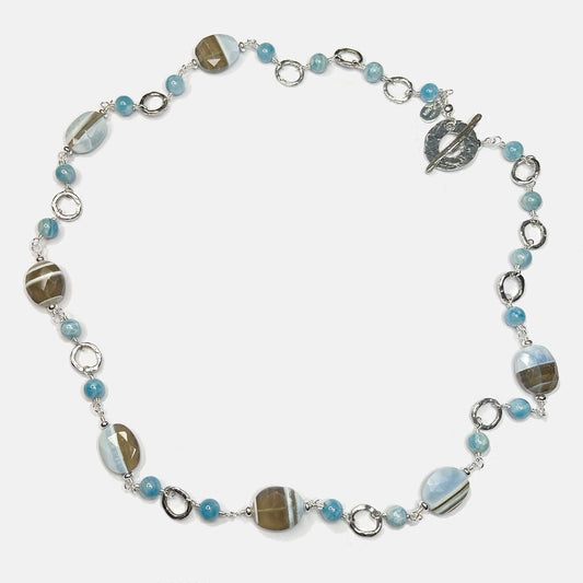 Banded Blue Opal and Aquamarine Link Necklace, Sterling