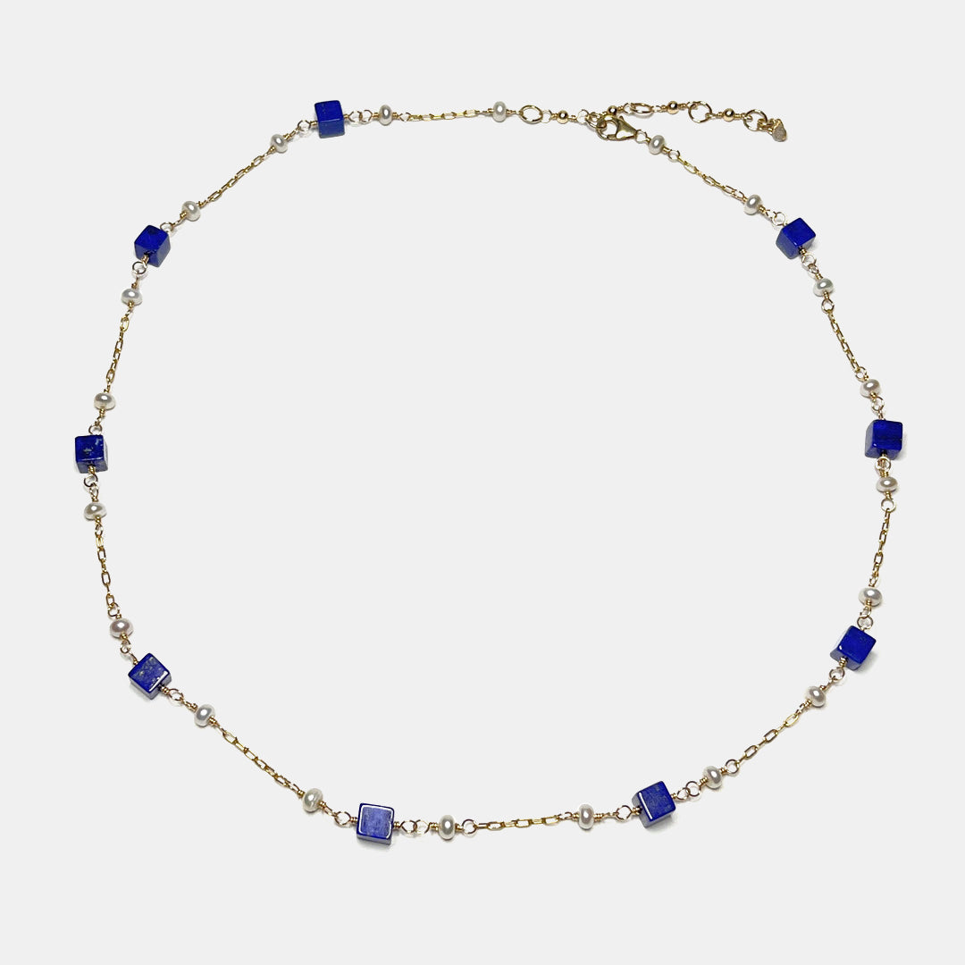 Lapis Cube and Tiny Pearl Station Necklace, 14K Gold Fill