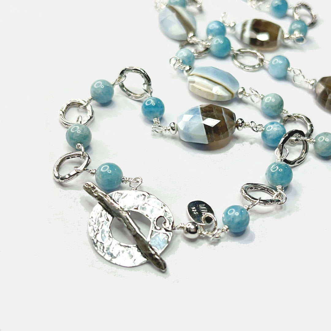Banded Blue Opal and Aquamarine Link Necklace, Sterling