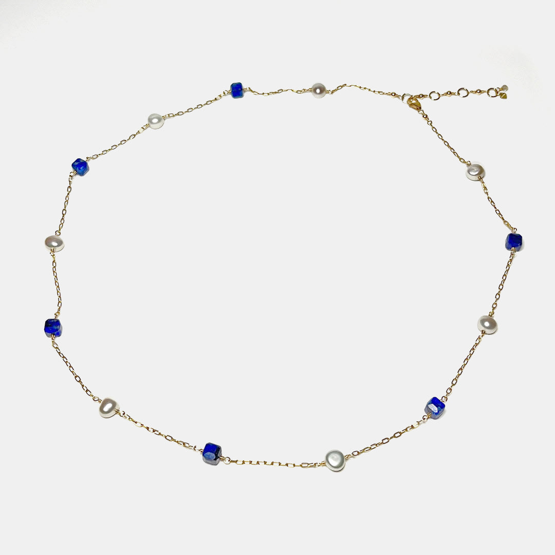 Lapis Cube and Nugget Pearl Station Necklace, 14K Gold Fill