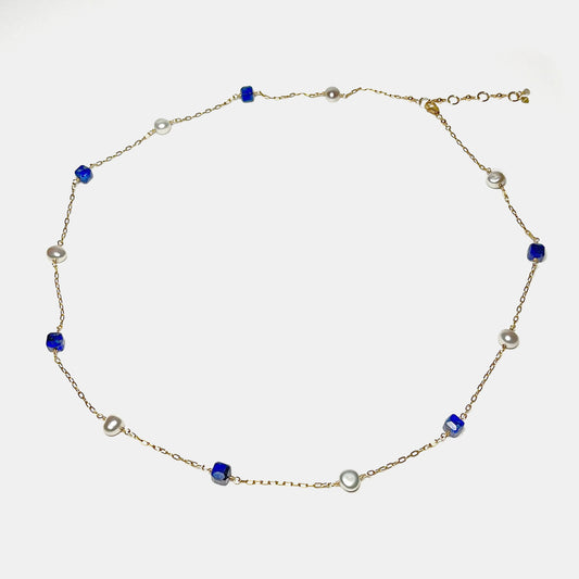 Lapis Cube and Nugget Pearl Station Necklace, 14K Gold Fill