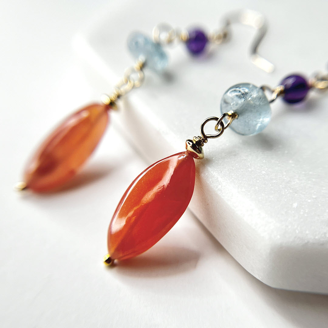 Pink Botswana Agate, Amethyst and Aquamarine Marquise Earrings, 14K Gold Fill