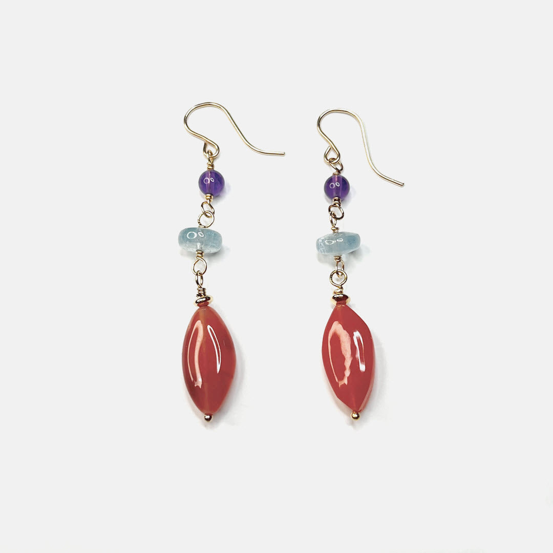 Pink Botswana Agate, Amethyst and Aquamarine Marquise Earrings, 14K Gold Fill