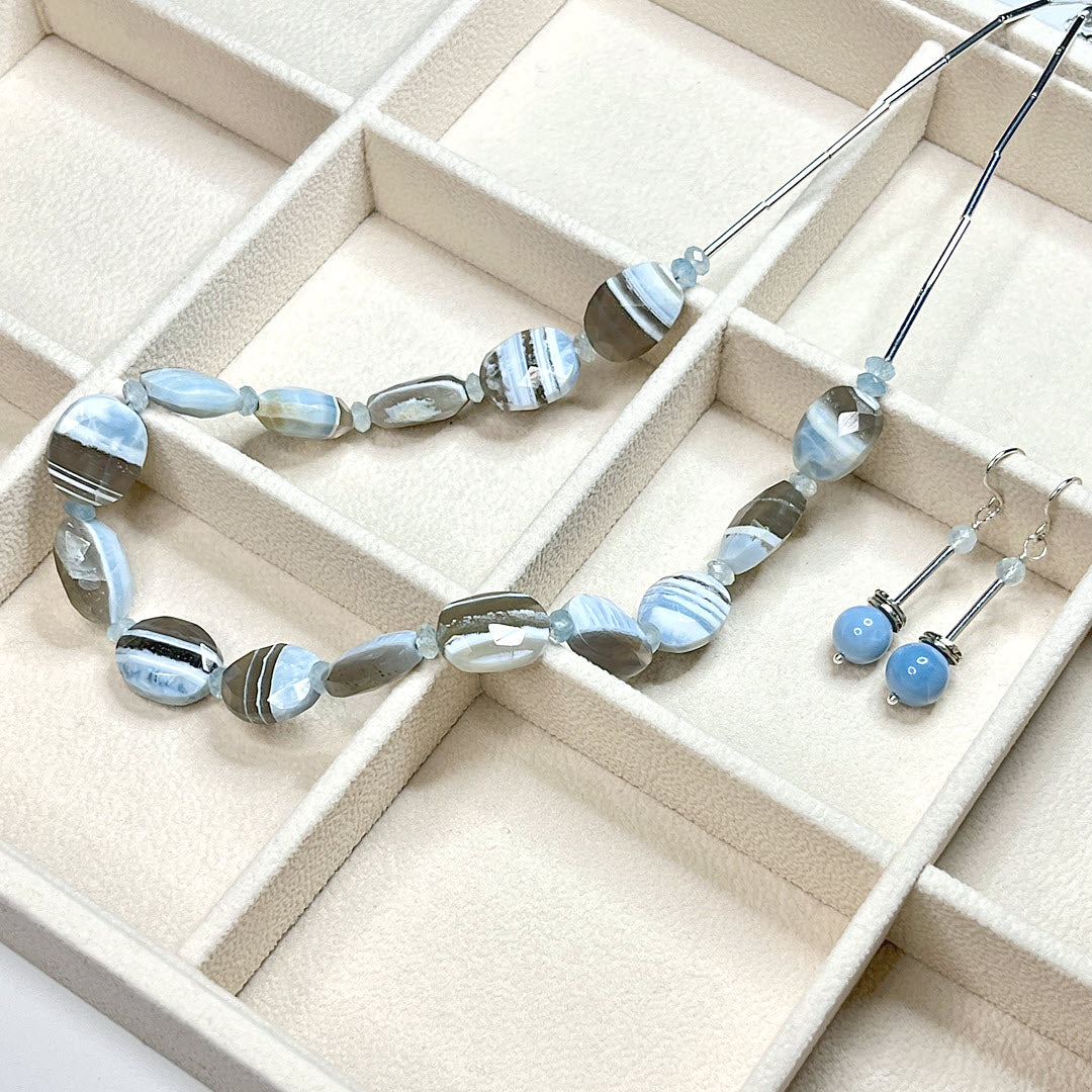 Banded Blue Opal and Aquamarine Necklace, Sterling