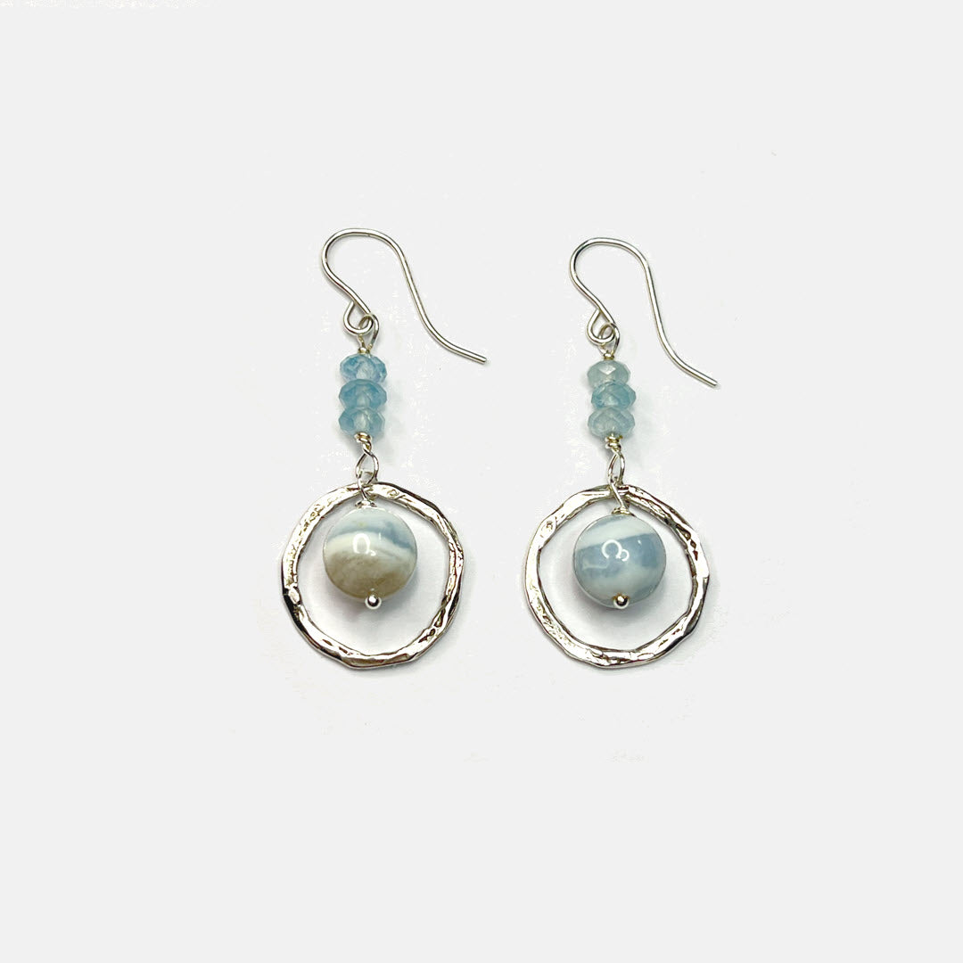 Banded Blue Opal and Aquamarine Circle Drop Earrings, Sterling