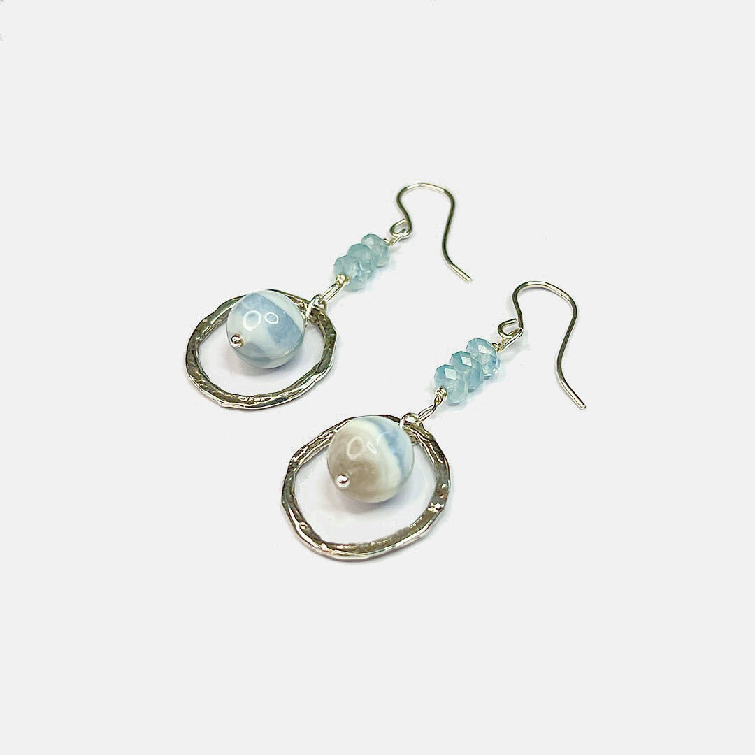 Banded Blue Opal and Aquamarine Circle Drop Earrings, Sterling