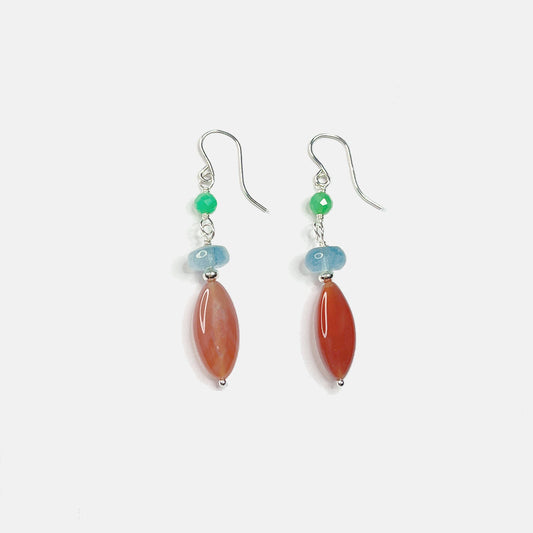 Chrysoprase, Aquamarine and Botswana Marquise Dangle Earrings, Sterling