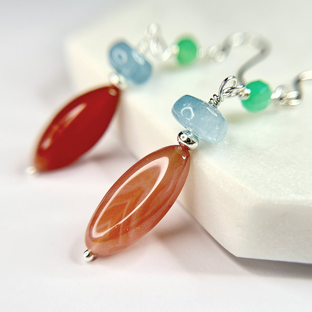 Chrysoprase, Aquamarine and Botswana Marquise Dangle Earrings, Sterling