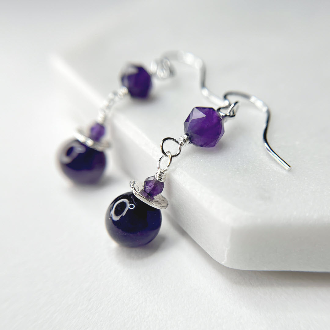 Amethyst Double Drop Dangle Earrings, Sterling