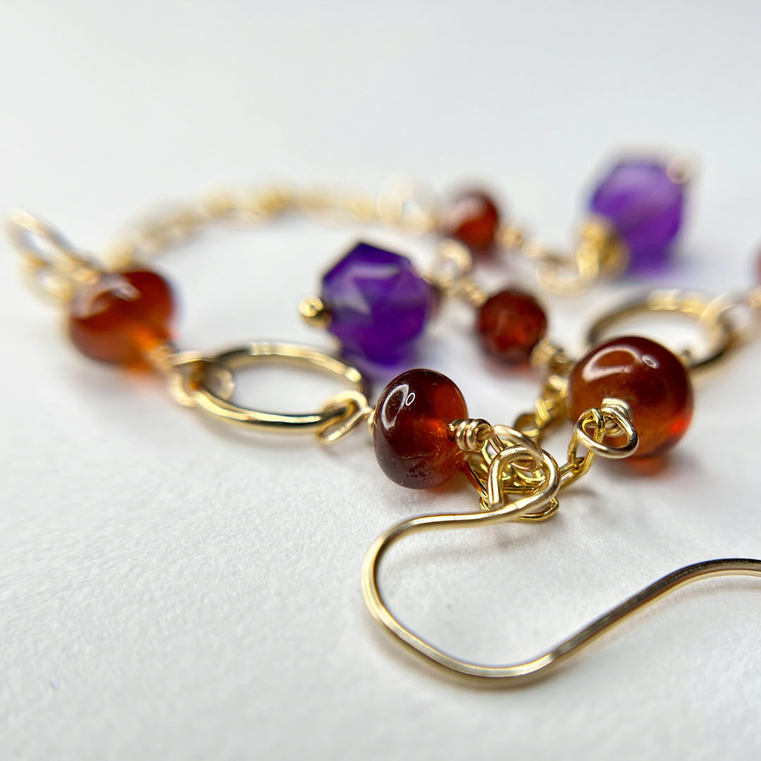 Hessonite Garnet and Amethyst Long Dangle Earrings, 14K Gold Fill