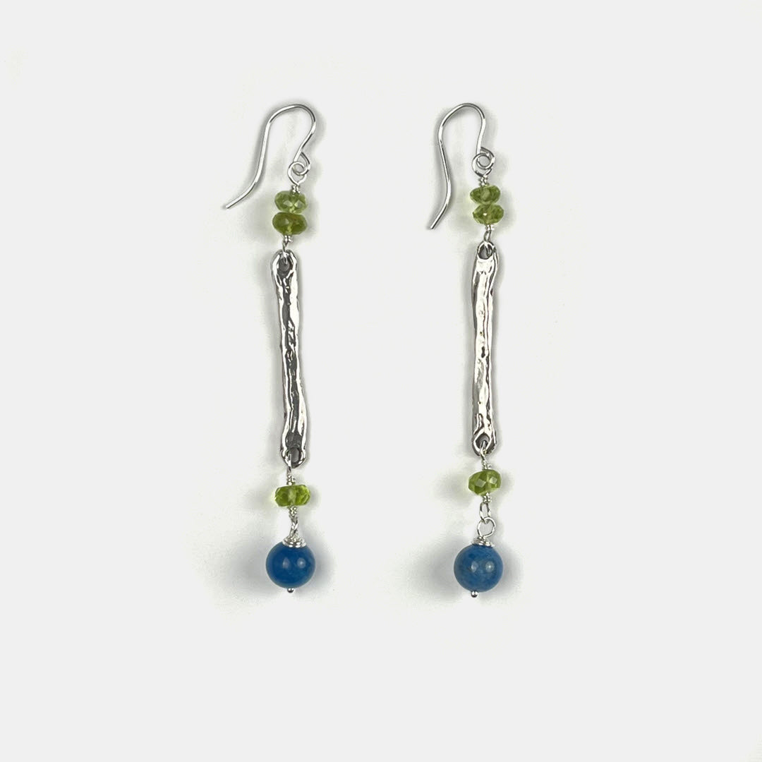 Peridot and Neon Apatite Long Dangle Earrings, Sterling