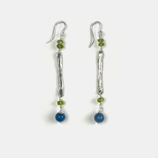 Peridot and Neon Apatite Long Dangle Earrings, Sterling