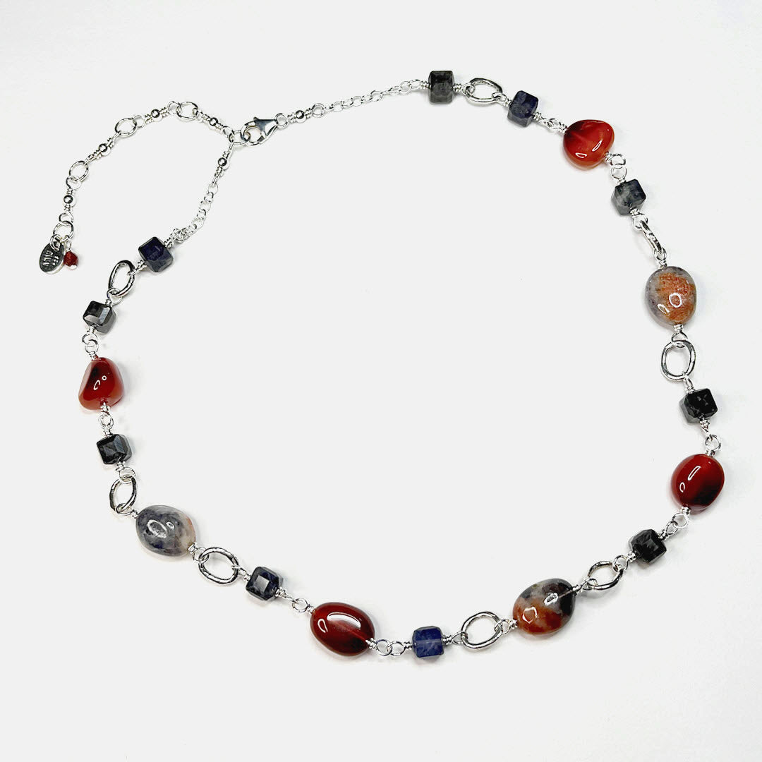 Iolite, Carnelian, and Iolite-Sunstone Link Necklace, Sterling