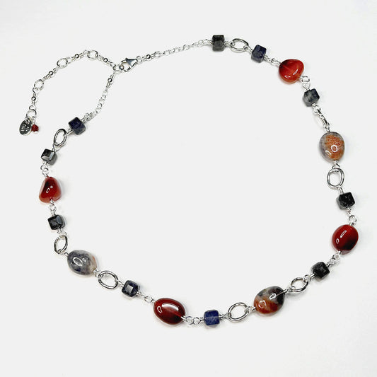 Iolite, Carnelian, and Iolite-Sunstone Link Necklace, Sterling