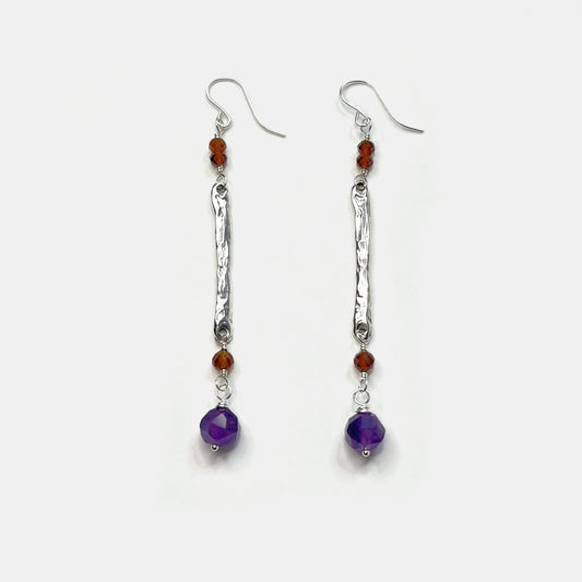 Hessonite and Amethyst Long Dangle Earrings, Sterling