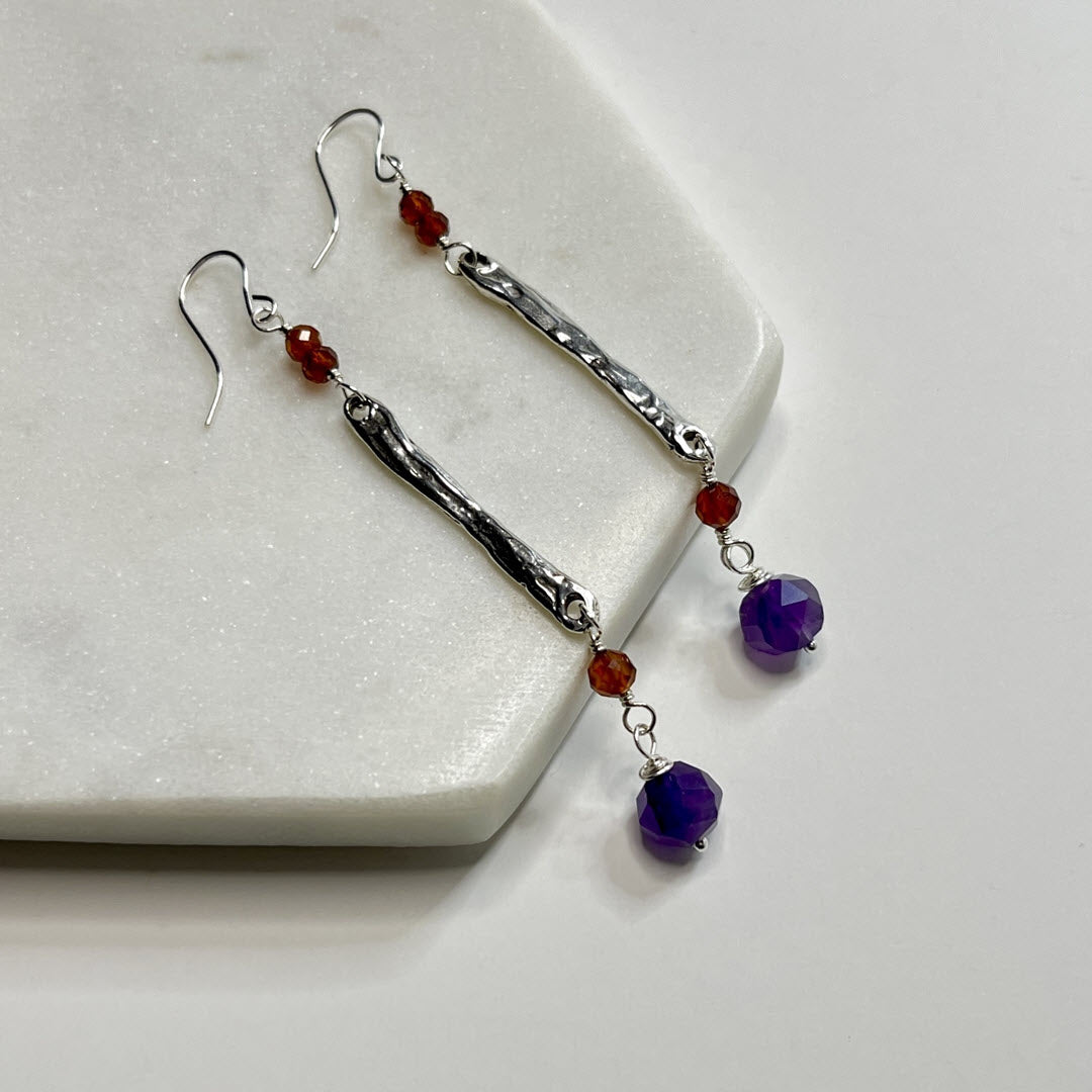Hessonite and Amethyst Long Dangle Earrings, Sterling