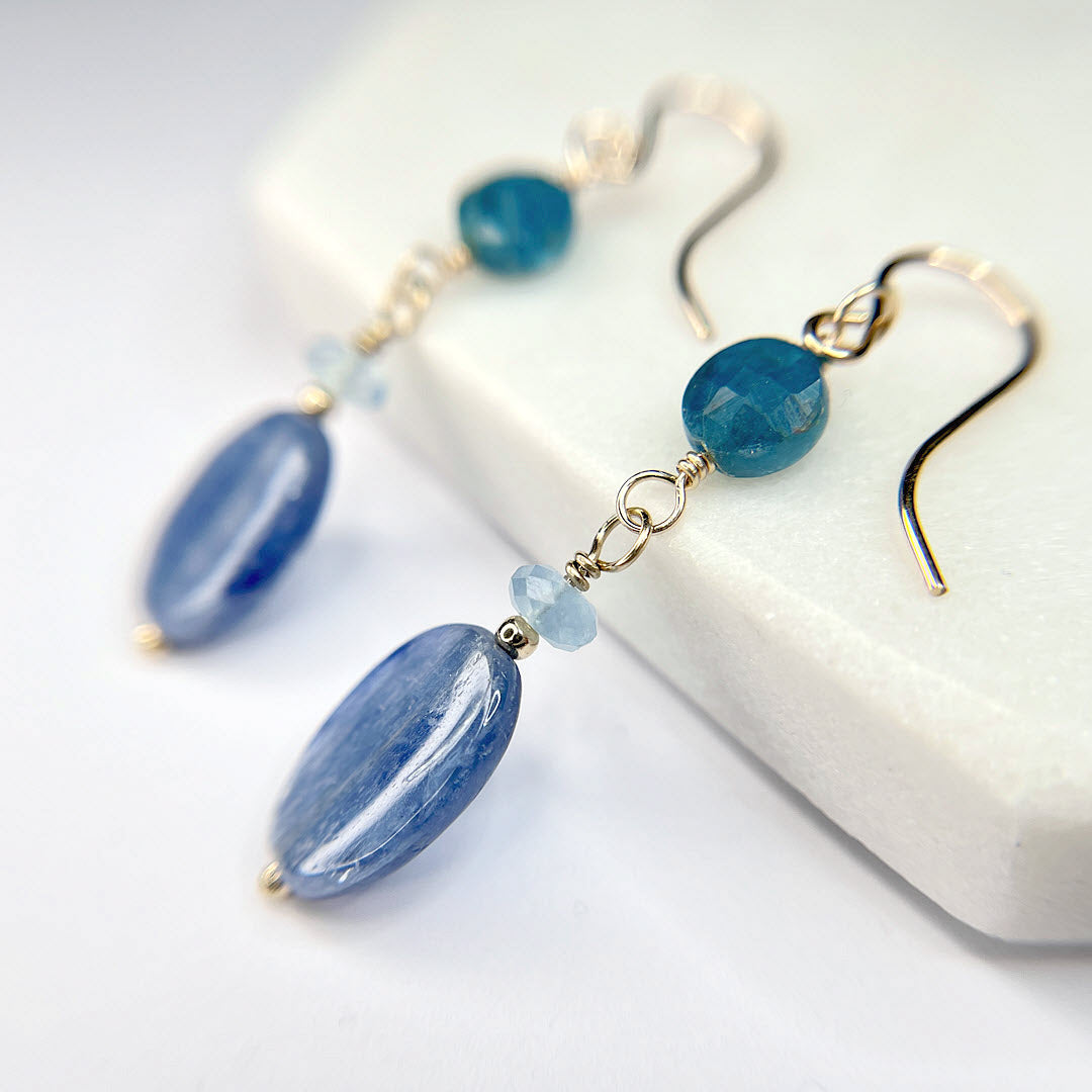Apatite, Aquamarine and Kyanite Dangle Earrings, 14K Gold Fill