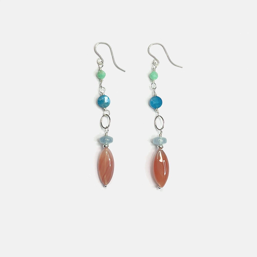 Chrysoprase, Apatite, Aquamarine and Botswana Marquise Dangle Earrings, Sterling