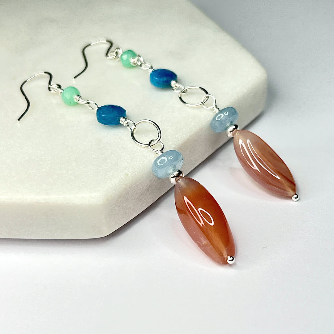 Chrysoprase, Apatite, Aquamarine and Botswana Marquise Dangle Earrings, Sterling