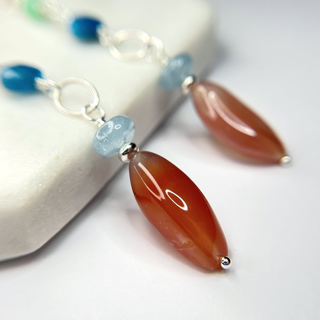 Chrysoprase, Apatite, Aquamarine and Botswana Marquise Dangle Earrings, Sterling