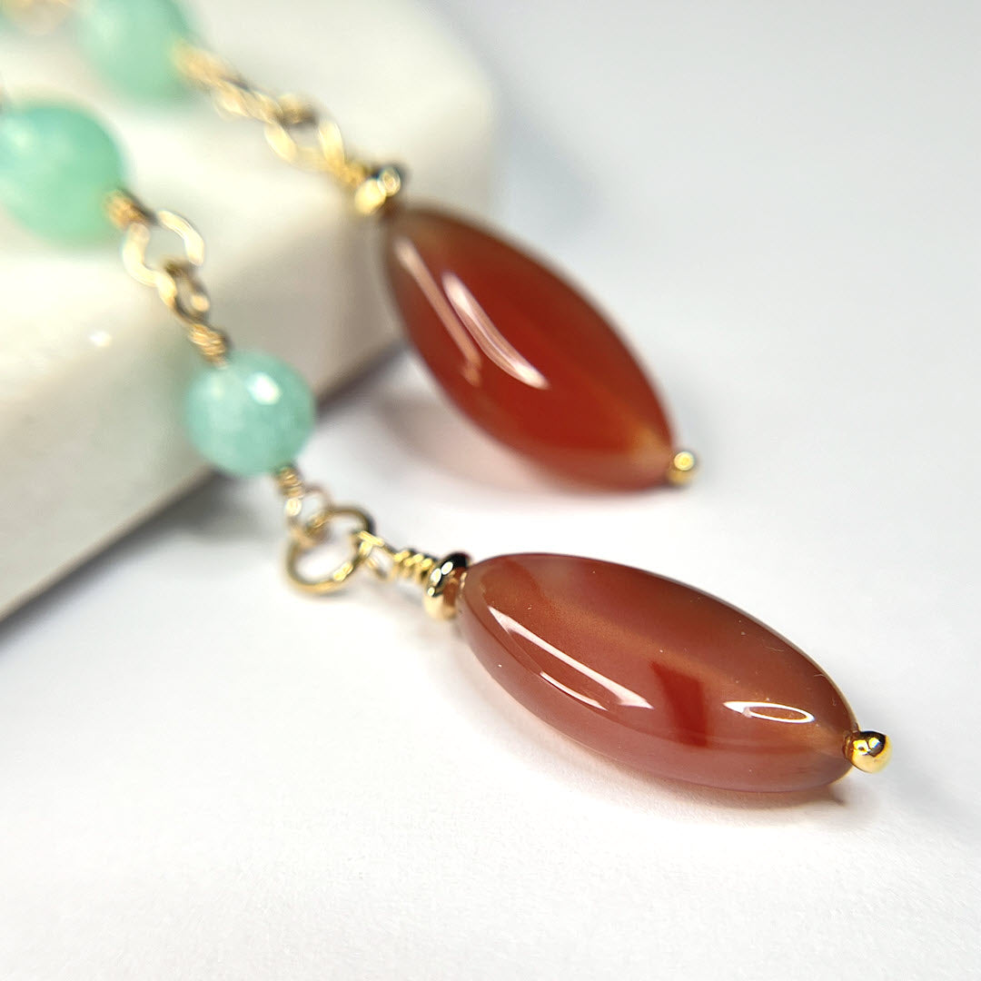 Amazonite and Botswana Marquise Long Dangle Earrings, 14K Gold Fill