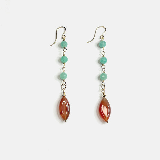 Amazonite and Botswana Marquise Long Dangle Earrings, 14K Gold Fill
