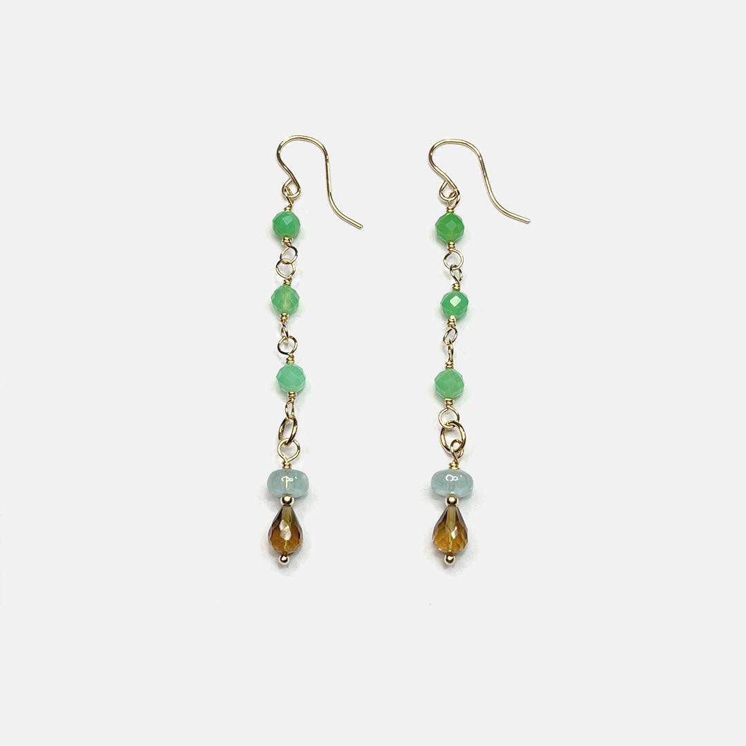 Chrysoprase, Aquamarine and Golden Quartz Long Dangle Earrings, 14K Gold Fill