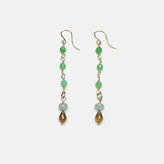 Chrysoprase, Aquamarine and Golden Quartz Long Dangle Earrings, 14K Gold Fill
