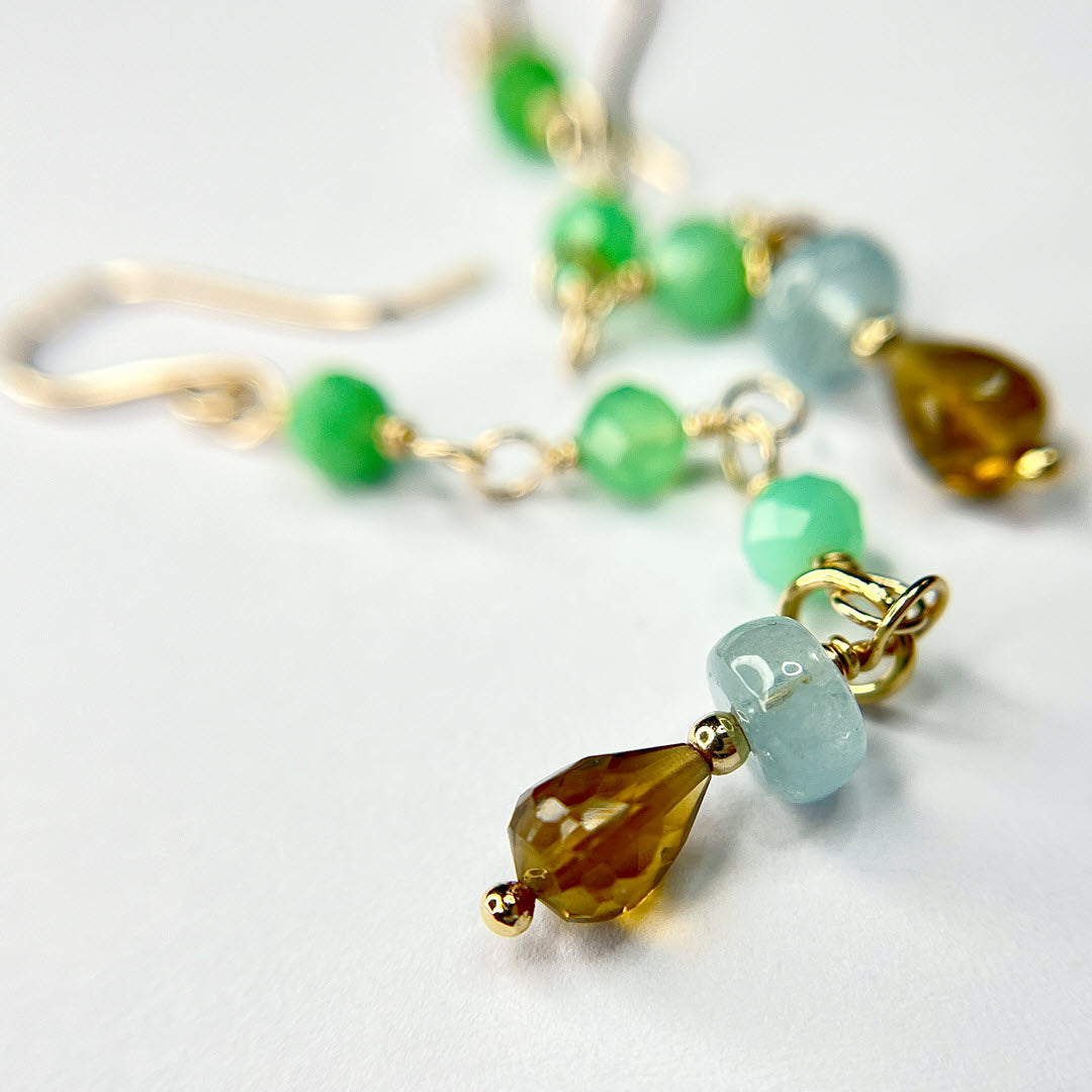 Chrysoprase, Aquamarine and Golden Quartz Long Dangle Earrings, 14K Gold Fill