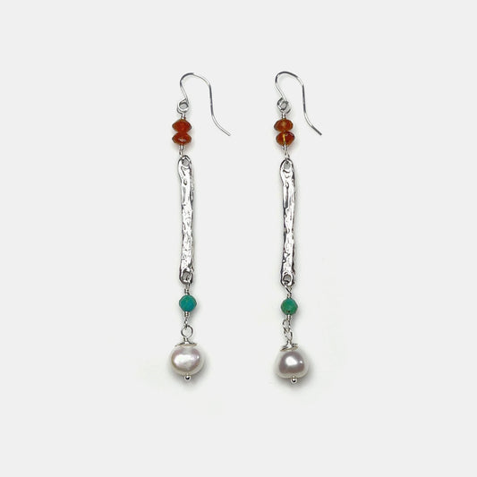 Brandy Citrine, Hubei Turquoise and Pearl Long Dangle Earrings, Sterling