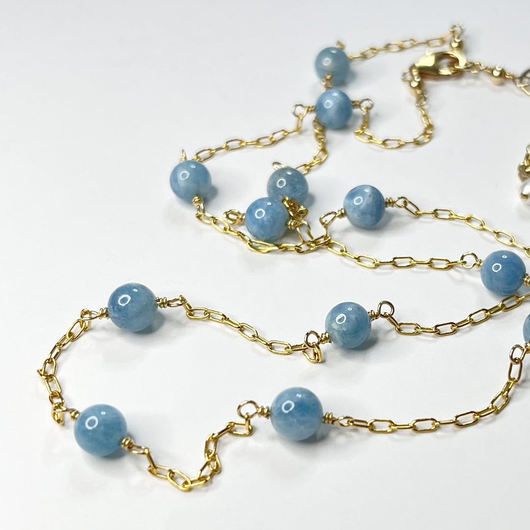 Devil Aquamarine 13-Stone 22” Station Necklace, 14K Gold Fill