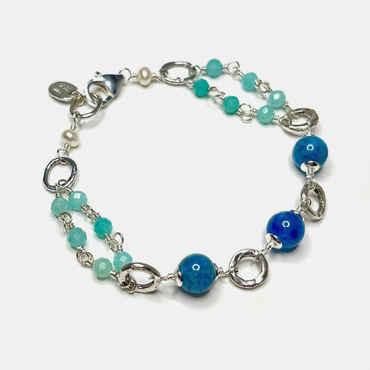 Amazonite Open Double Row Bracelet With Neon Apatite, Pearls, Sterling