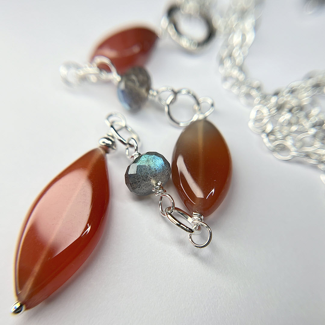 Labradorite and Botswana Agate Marquise Pendant Necklace, Sterling